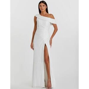 Mac Duggal Women's Foldover One-Shoulder Slit Gown, stretchy sequin size 12